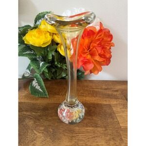 Vintage Murano Hand Blown Glass Bud Vase Yellow Glass Clear Bubble Base‎